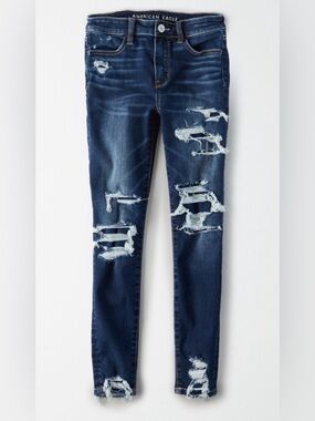 American Eagle Outfitters Ripped Patched Dark Blue Hi-Rise Jegging Crop. NWOT